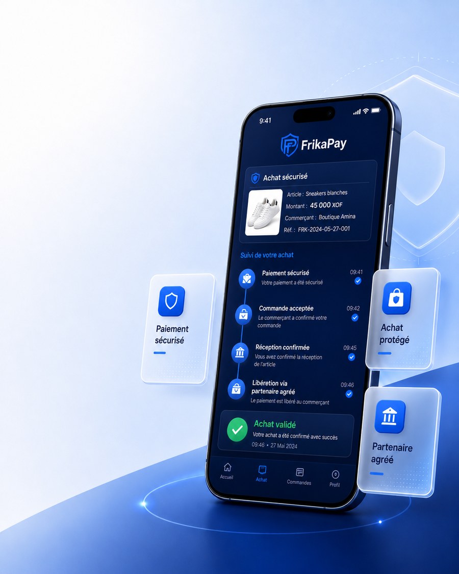 Application FrikaPay : suivi d'un achat sécurisé, paiement protégé et libération du paiement via un partenaire de paiement agréé